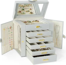 Functional 6-Tier Jewelry Box Organizer with 5 Drawers Leather Jewelry Storage C