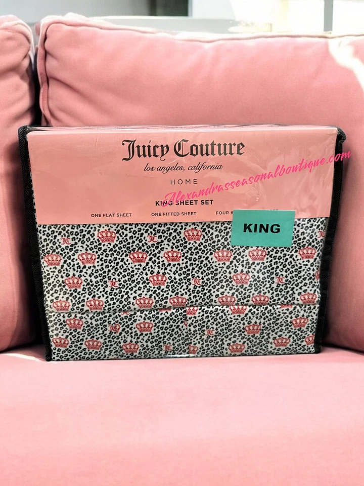 Conjunto de Lençóis Juicy Couture King 6 Peças Estampa de Leopardo Coroas Vermelhas Letras Novo - Imagem 2 de 4