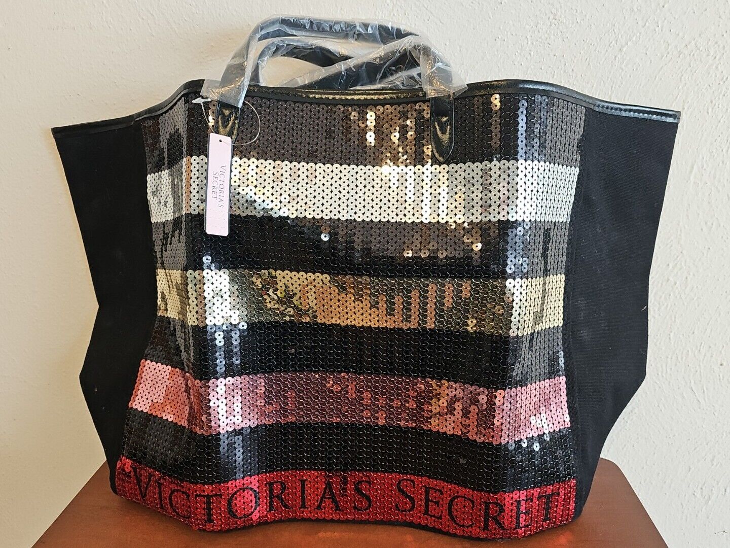 New Victoria Secret PINK Bling Sequin flip Tote Bag Gold Large