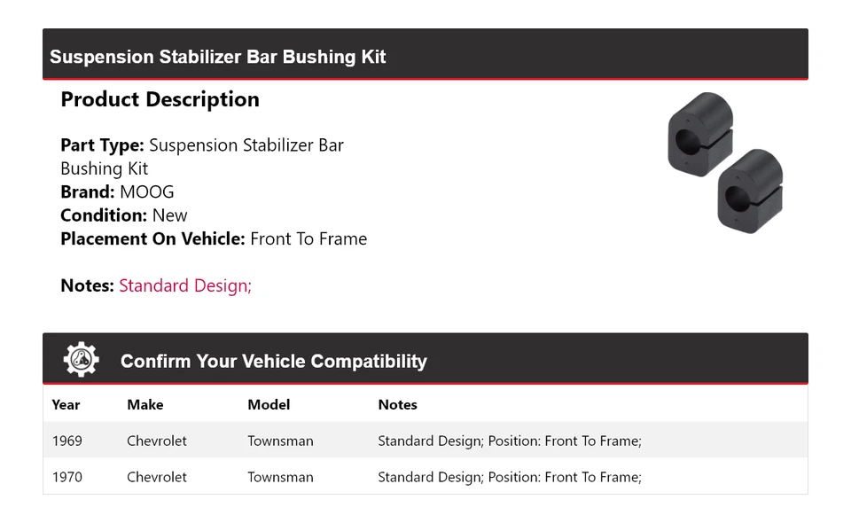 Kit de buje de barra estabilizadora de suspensión MOOG para Chevrolet Townsman 1969-1970 Foto 2 de 4