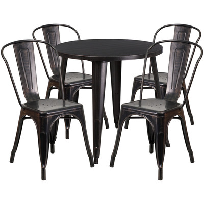 30''Round Black Antique Gold Metal Outdoor Restaurant Table Set w/4 Cafe Chairs 
