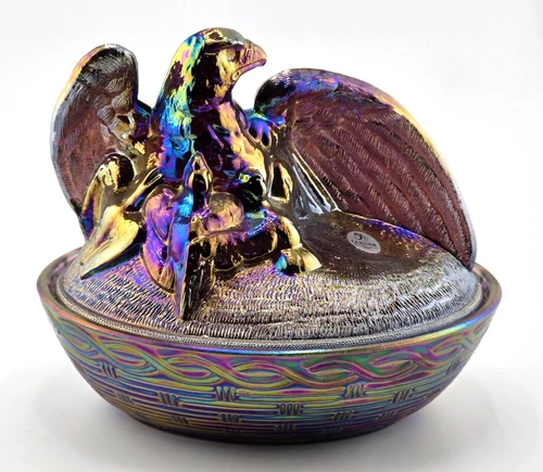 Fenton Purple Carnival Glass Eagle On Nest Covered Candy Animal Dish