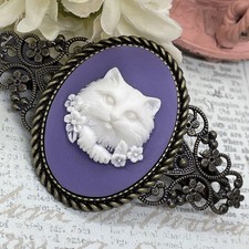 Large Cameo Hair Clip Barrette Wedding Birthday Gift Purple Cat Kitten Rescue