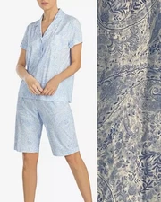 NWT Lauren Ralph Lauren Blue Paisley Short Sleeve Bermuda Short Pajama Set Sz S