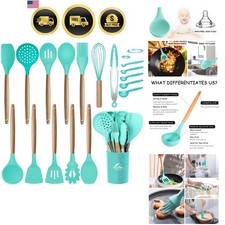 Silicone Cooking Kitchen Utensils Set with Holder, Wooden Handles Cooking Too...