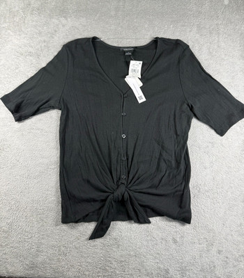 NWT Sanctuary Women's Pointelle Button Down Tie Shirt Black Size S MSRP $59