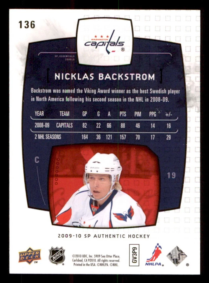 2009-10 SP Authentic #136 Nicklas Backstrom ESS /1999 - Image 2 of 2