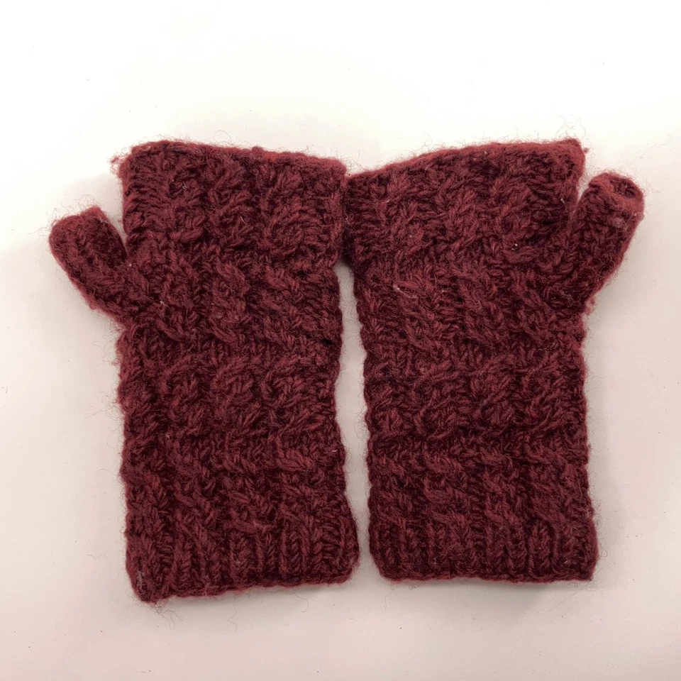 Turtle Fur fingerless glove mitten knit dark red fleece lined - Image 2 of 4