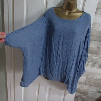 Neu MADE IN ITALY   Gr. 14 16   blau grau lockere Passform Bluse Oberteil Damen Ladies