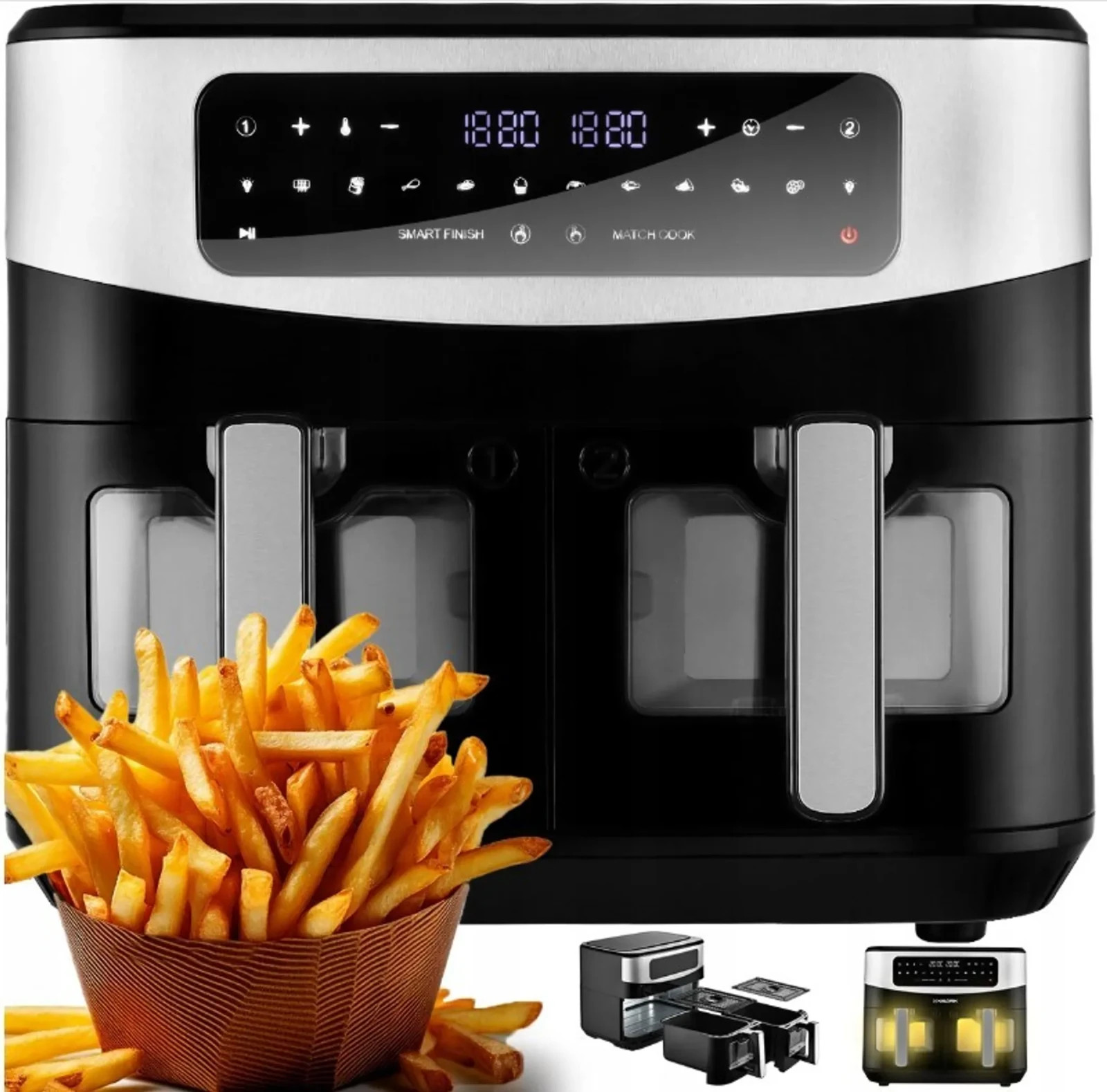 KALORIK Heißluftfritteuse Sichtfenster 10L 2600W XXL 2 Frittierkörbe 9 Programme