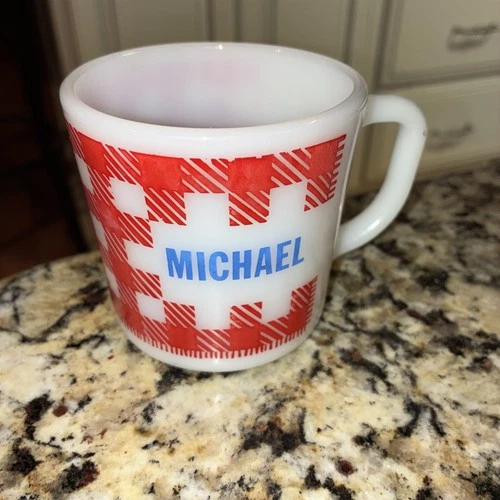 Vintage Westfield Red Plaid Milk Glass Mug Personalized Name Michael