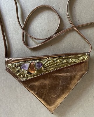 Boho Chic Brutalist Evening Bag Purse Metallic Leather Amethyst Stone Brass
