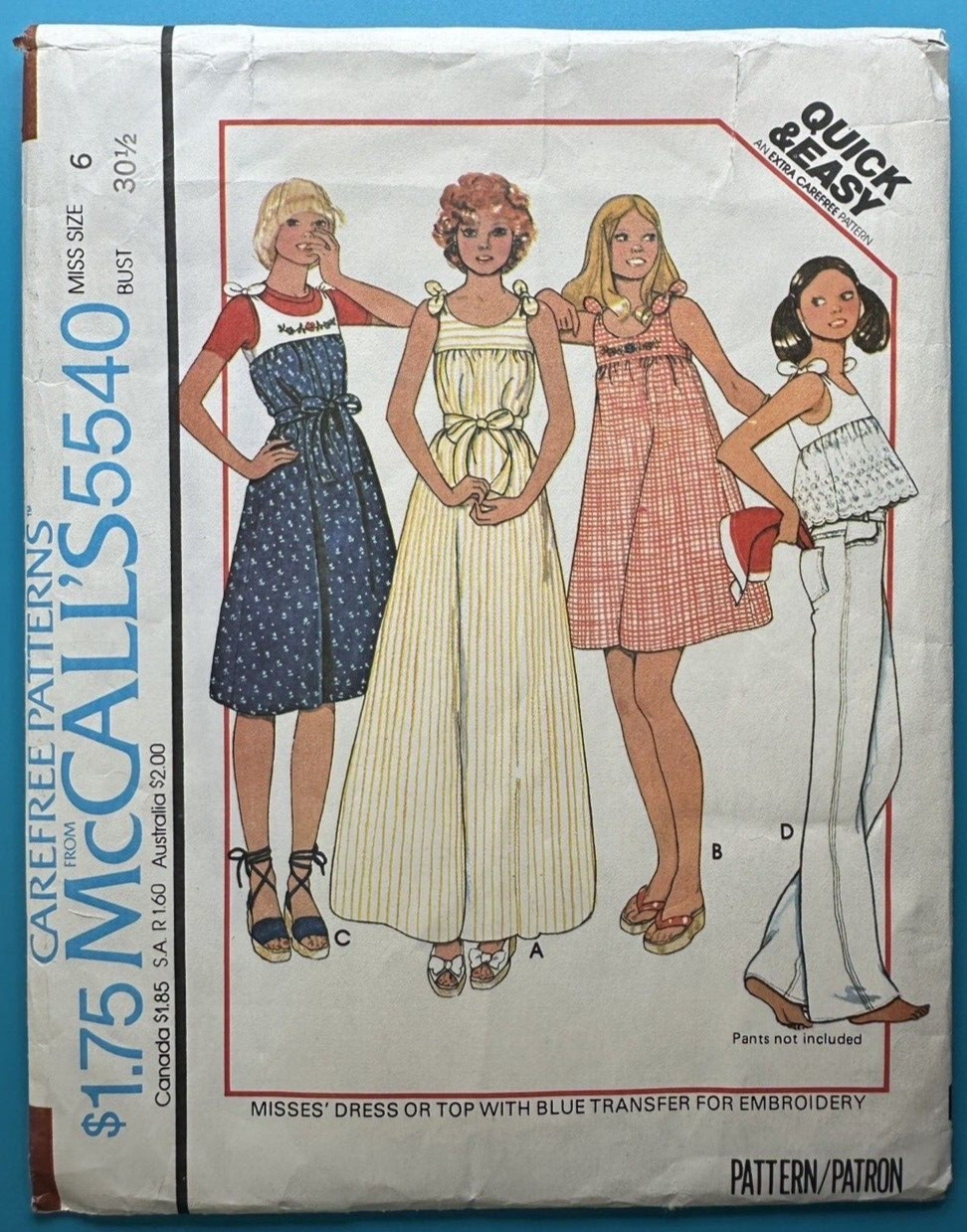 Sundress Dress Jumper Top Pattern w Transfer McCalls 5540 Size 6 1970's VTG UNC-image