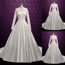 Wedding Dresses Muslim A Line Long Sleeves Satin Lace Appliques Bridal Ball Gown