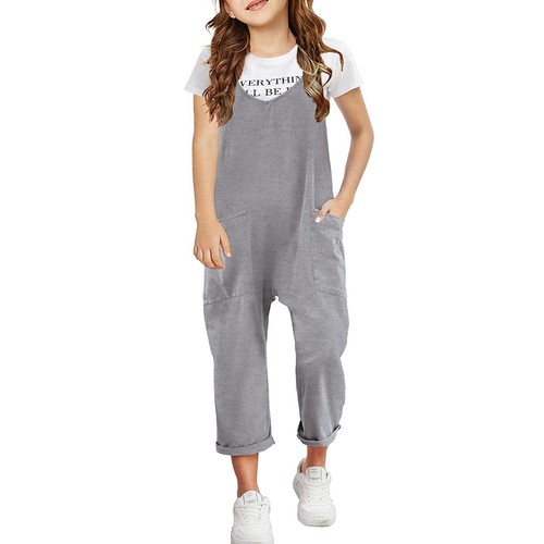 Girls' Casual Sleeveless Jumpsuits Spaghetti Strap Loose Romper Long Pant Pocket - Picture 27 of 34