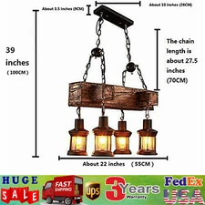 Rustic 4 Heads Chandelier Wood Industrial Ceiling Lamp Pendant Light Fixture USA