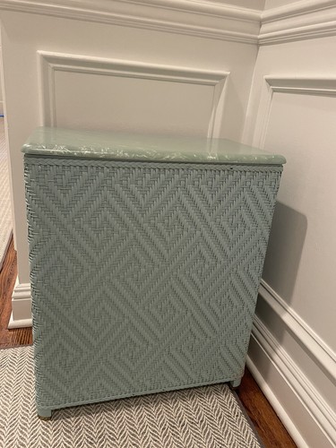 Vintage Laundry Clothes Hamper POWDER BLUE Basket Weave MCM Home Enameled Top - Picture 2 of 10