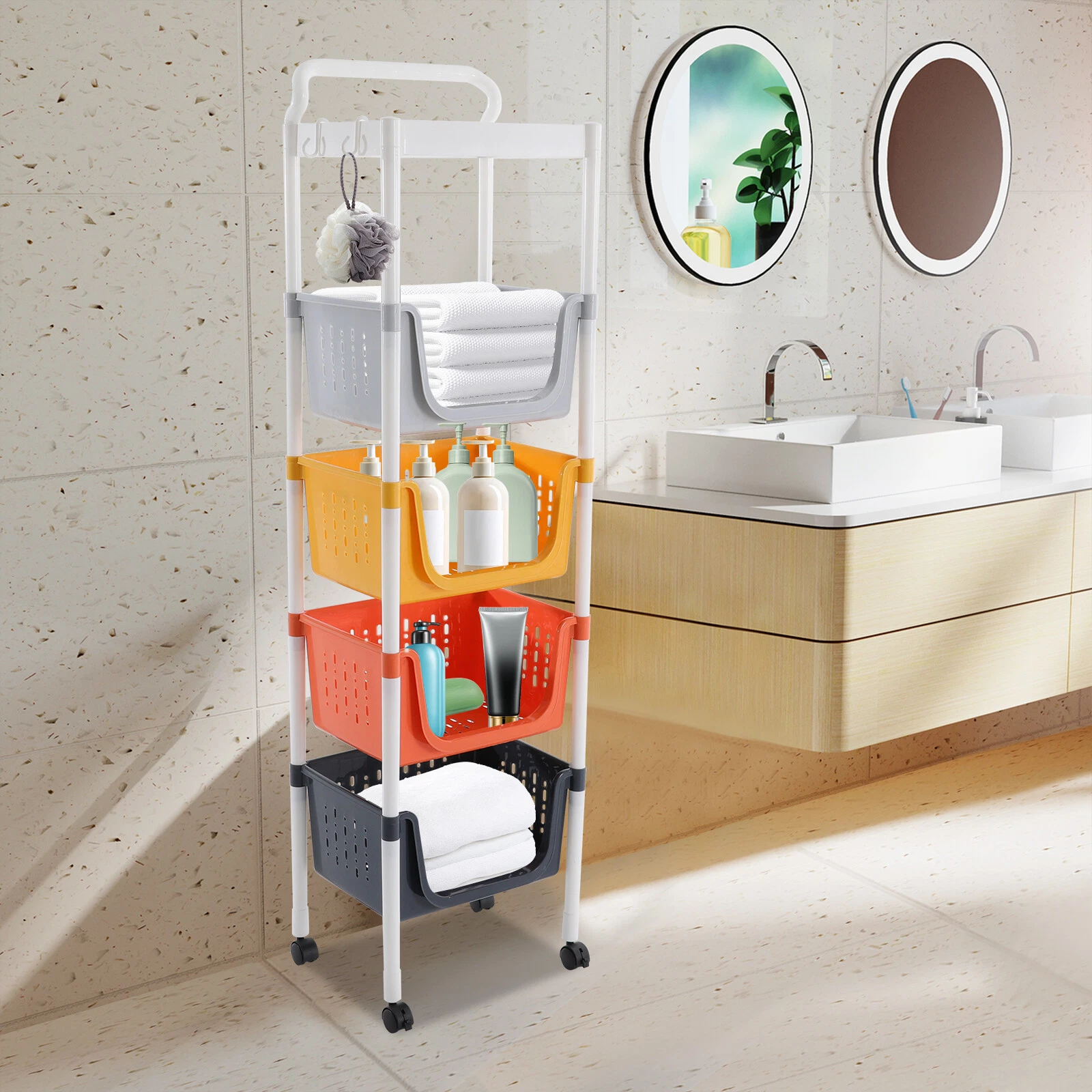 Kitchen Storage Rack 5 Tier Floor-Standing Basket Organizer W/ 2 Practical Hook