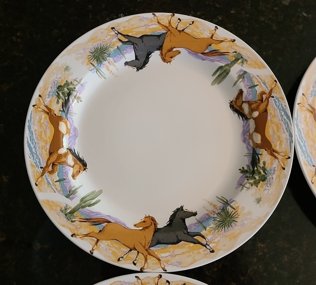 SET (4) Tienshan Stoneware RUNNING HORSES 10 7/8" Dinner Plates. Oven