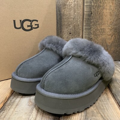 UGG DISQUETTE SLIPPER PLATFORM SLIDE GREY SUEDE WOOL CLOG WOMEN US
