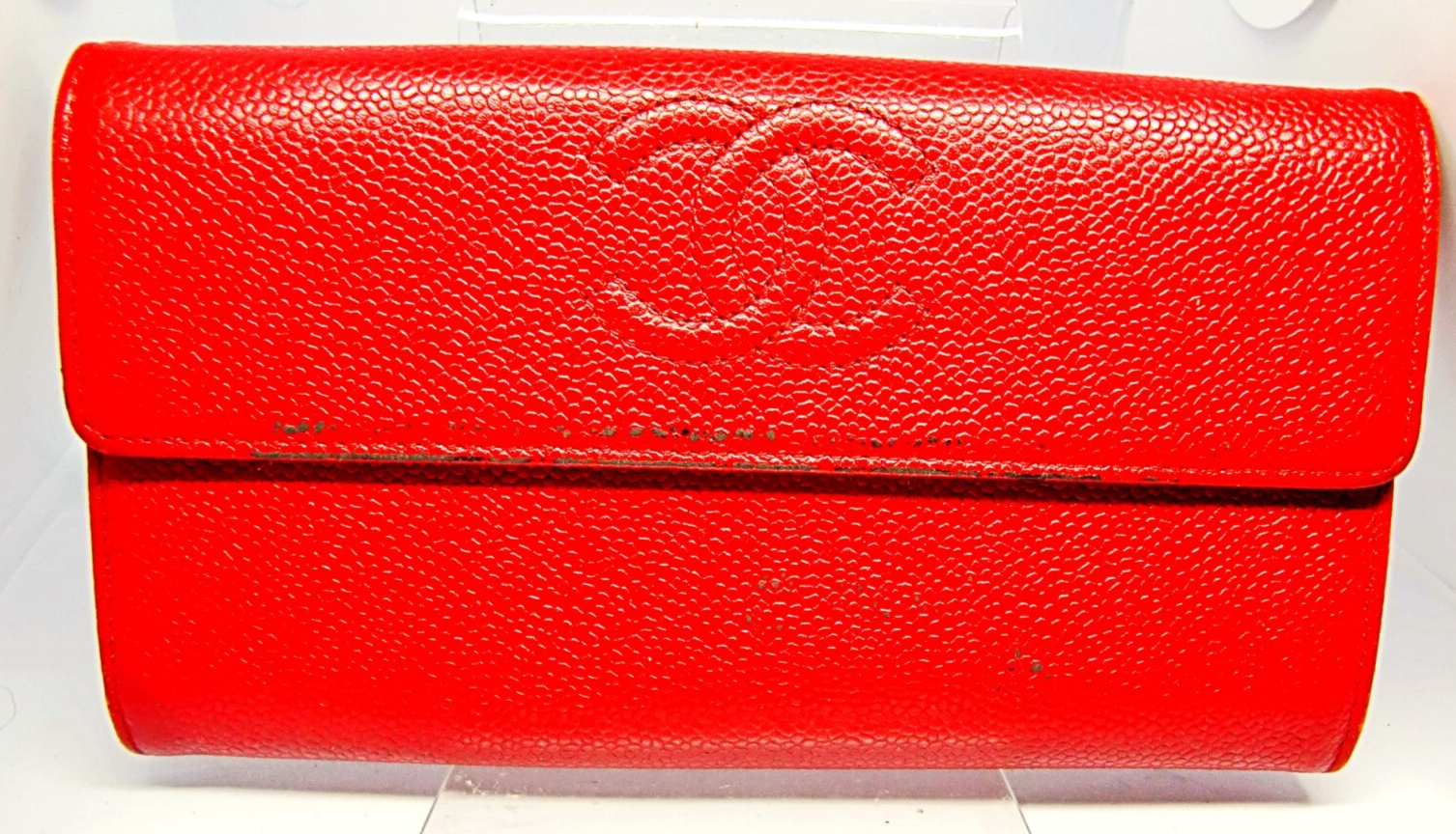 Auth CHANEL Caviar Skin Flap Long Wallet Red with Coco Mark Logo from japan-image