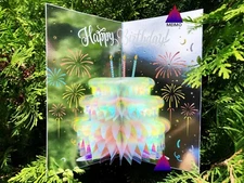 3D Pop Up Greeting Card Cake Candle Birthday Iridescent Colorful Family Friends