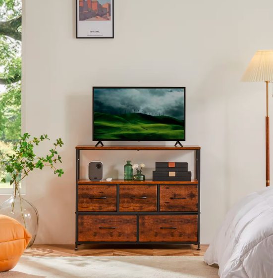 TV Stand Dresser For Bedroom With 5 Fabric Drawers Storage Closet Chest Clothes-image