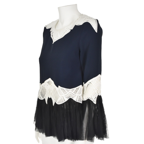 JONATHAN SIMKHAI Navy Blue w Black Tulle Ruffles & White Lace Blouse SIZE Small - Picture 4 of 7