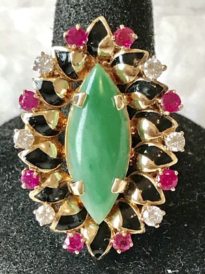 14 Karat Gelbgold Jade & Emaille Ring mit Diamanten & Rubinen Größe 7,75