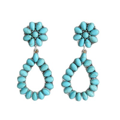 Bohemian Vintage Turquoise Oval Flower Ethnic Drop Dangle Earrings for Wome - 04