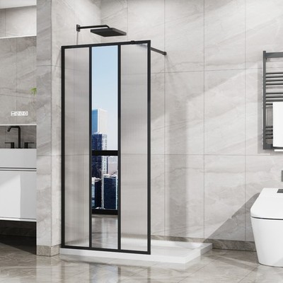 34''Wx72''H 3-Panel Fixed Shower Door, Center Mirror+Fluted Glass, 5mm Tempered, B