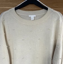 H M Cream With Pearls Ladies jumper Size L Long Sleeve Wool Mix