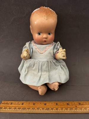 ANTIQUE 10'' JOINTED BLUE EYED COMPOSITION DOLL JAPAN NEEDS REPAIRS