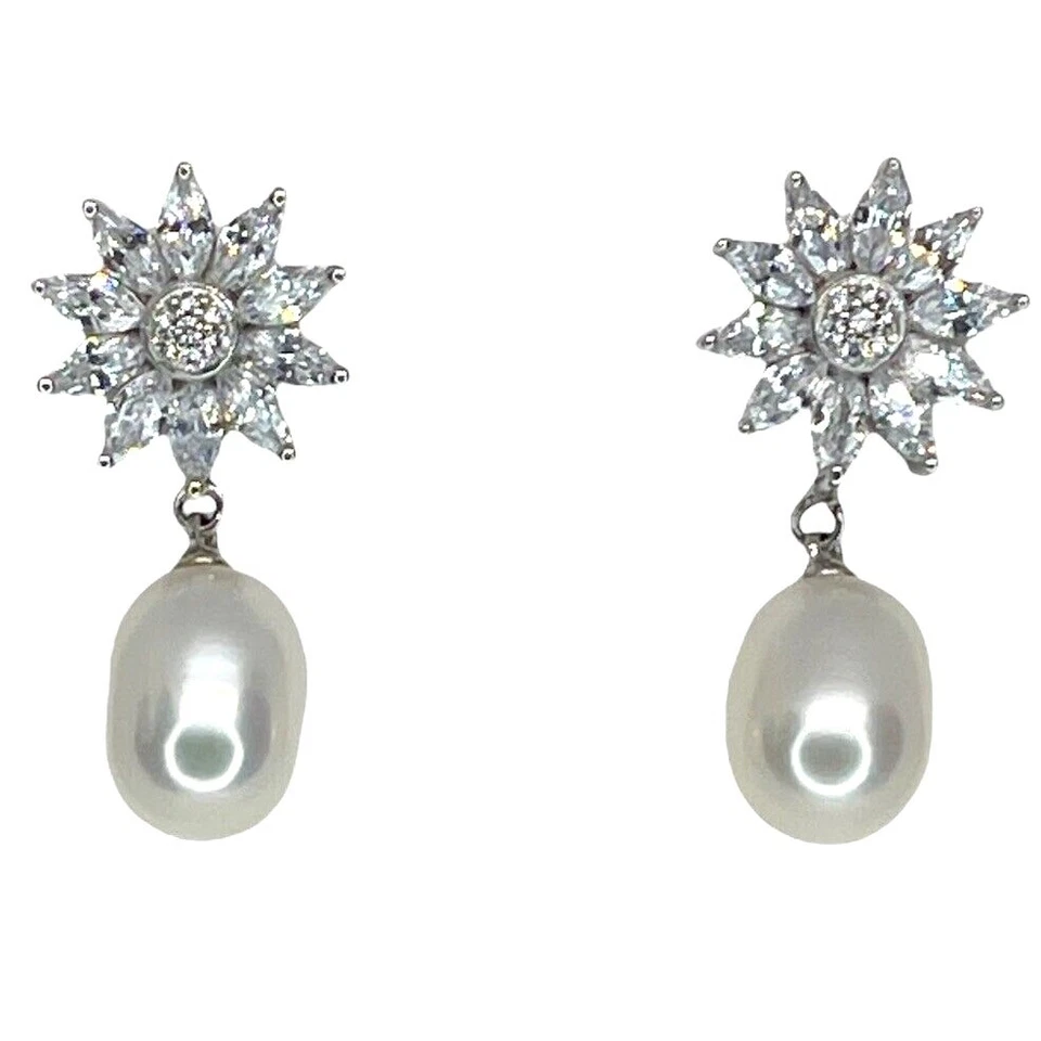 Pendientes colgantes de perlas de plata esterlina (9 mm) con flores impresionantes de lujo de moda elegantes NUEVO Foto 2 de 4