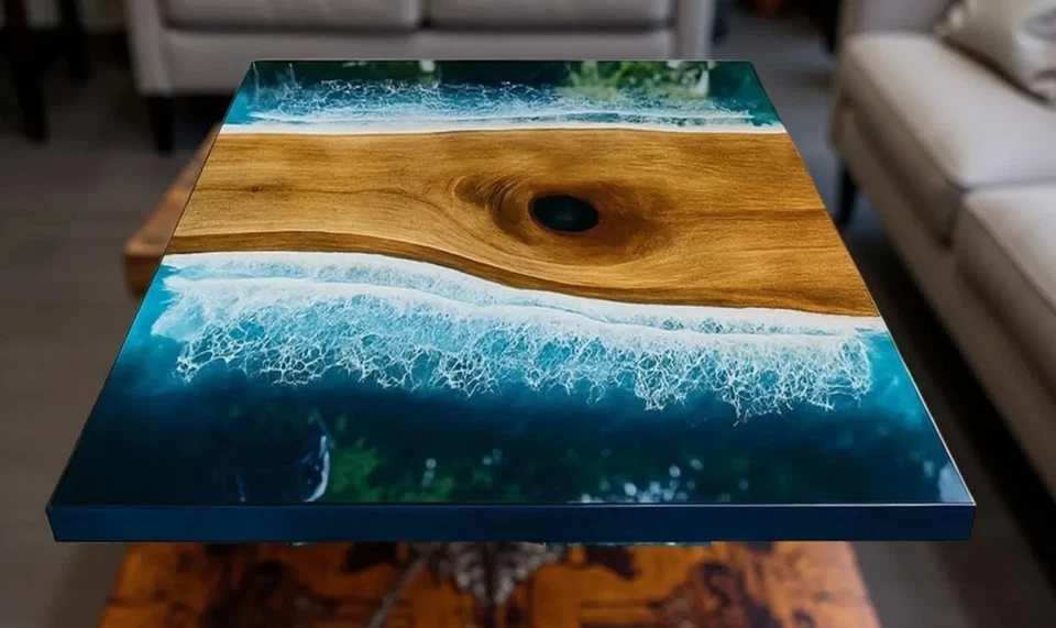 Ocean Epoxy Resin Table – Square Handmade Wooden Furniture for Home Decor - Image 2 of 4