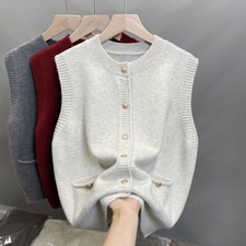 Women Knitted Vest Round Neck Cardigan Waistcoat Tank Top Pocket Knitwear Button