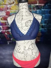 Blue Two Tone, Lace Trim Swim/Bikini Top, Tie-Neck/Back Women  s L