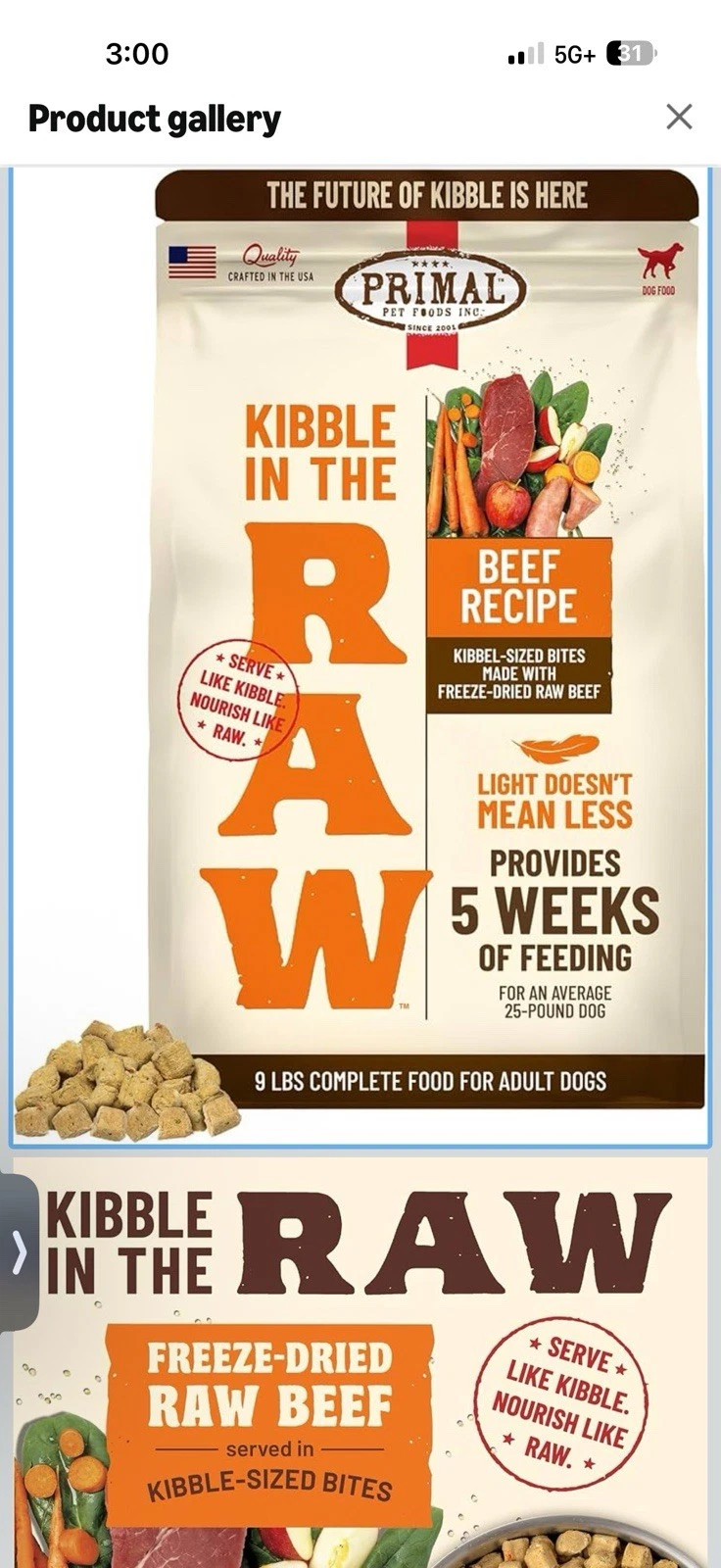Primal Kibble in The Raw Freeze Dried Dog Food Beef Recipe 9 lbs Bag Exp 12/27