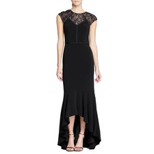 Halston Heritage Black Lace Cap Sleeve High Low Mermaid Cocktail Gown Size 4