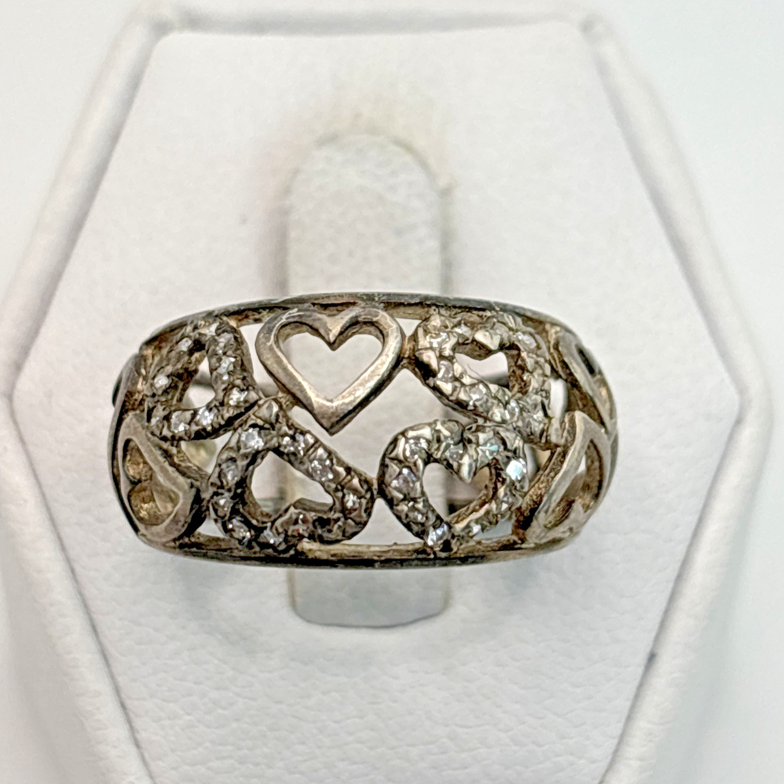 STUNNING .925 Vintage Sterling Silver Estate Heart Ring Size 7 Colorless stone