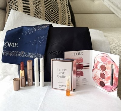 8PC LANCOME Set/Lipstick/Scarf/Cils Booster XL/Lash Idole Flutter Extension/Bag
