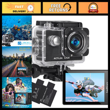 FHD 1080P Action Camera 12MP Waterproof 30M, Wide Angle Sports Cam  2 Batteries