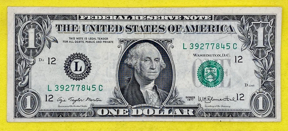 Vintage DC Series 1977 FRN Fancy Serial Number One Dollar Bill Miss CUT RARE 7s - Image 4 of 4