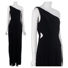 VINTAGE 80s Steppin Out Maxi Dress M Black Stretch Velvet One Shoulder Cutout