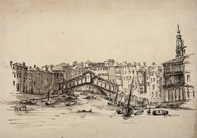 Rialtobrücke Venedig Italien - Aquarell - 19. Jahrhundert - Grand Tour