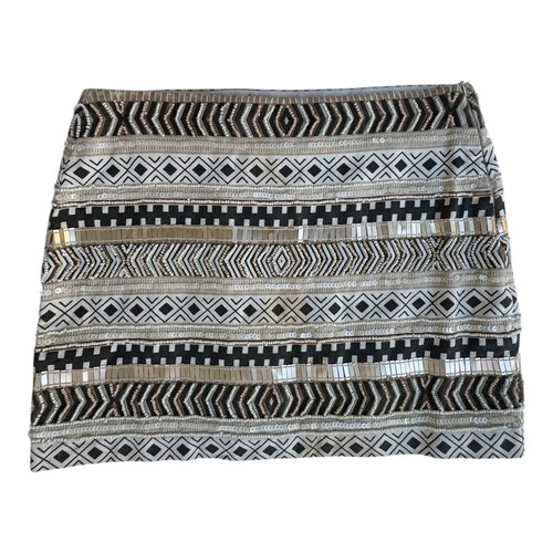 ZARA TRAFALUC Womens S Sequined Beaded Mini Skirt Aztec Cotton Canvas BEIGE - Picture 13 of 19