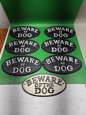 7 X - CAST IRON SIGN-VTG LOOK-BEWARE OF DOG -OVAL WHT ON BLK 7 X 4
