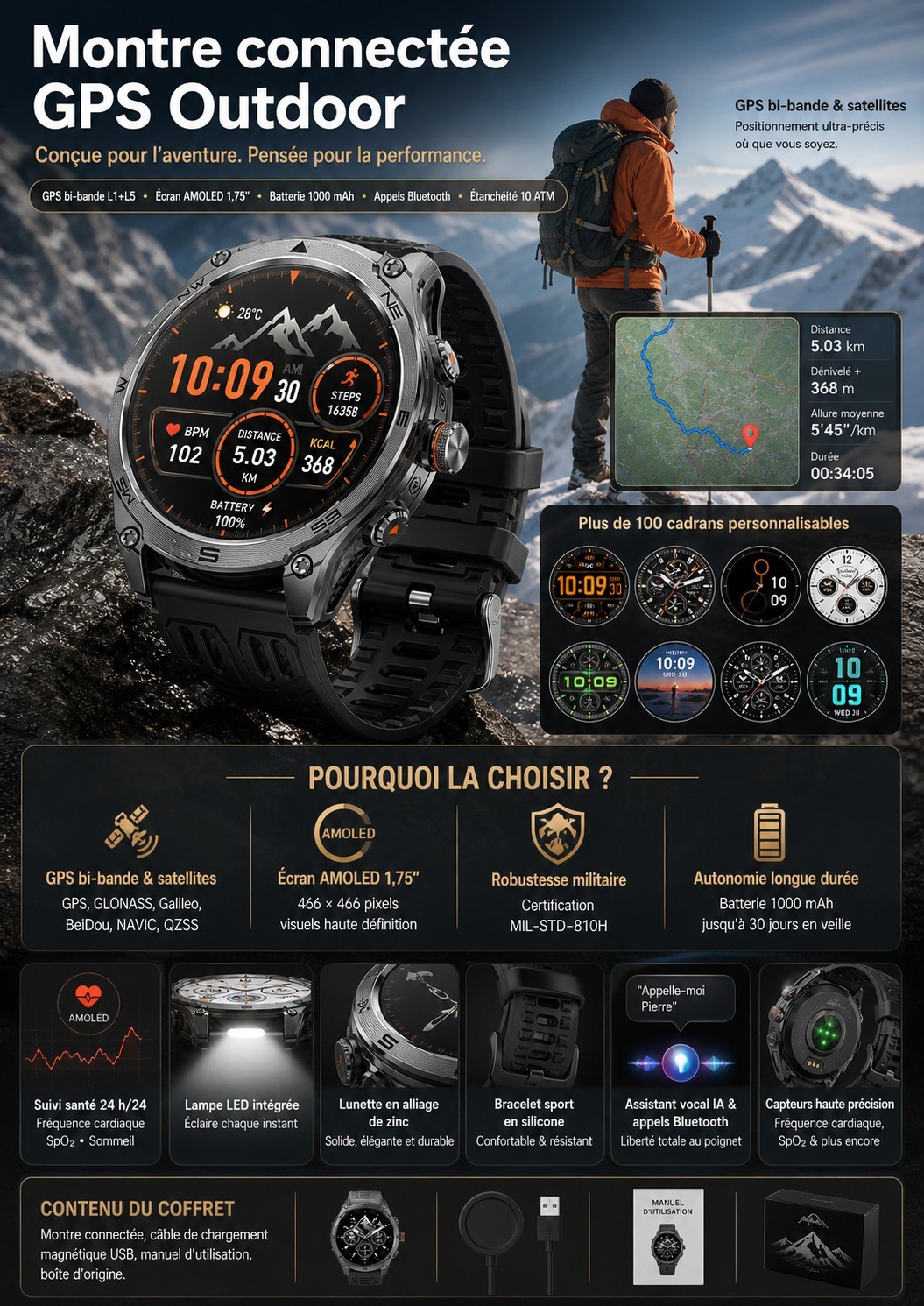 Montre connectée GPS outdoor étanche avec cartographie et boussole pour coureur de trail