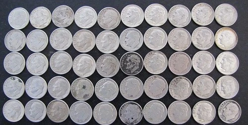 90% Silver Roosevelt dimes mixed dates Lot of 50 coins Good Circulated Condition