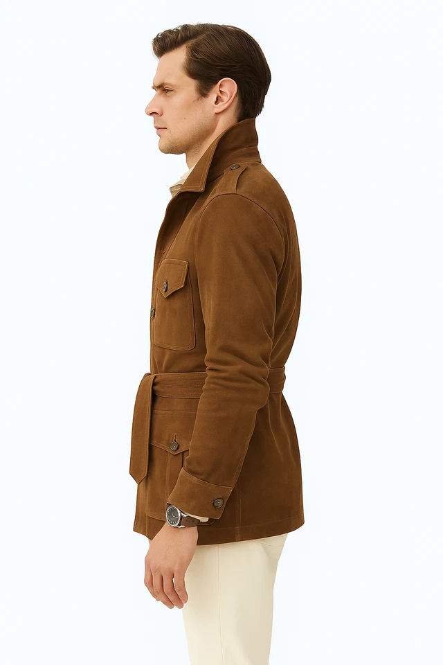 Mens Leather Suede Safari Jacket Brown Belted Field Coat Vintage Outdoor - Image 2 of 3